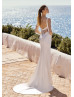 Square Neck Ivory Satin Slit Stunning Wedding Dress With Buttons